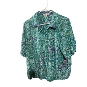 TravelSmith Teal Green Batik Floral Rayon Shirt Womens 1X Short Sleeve